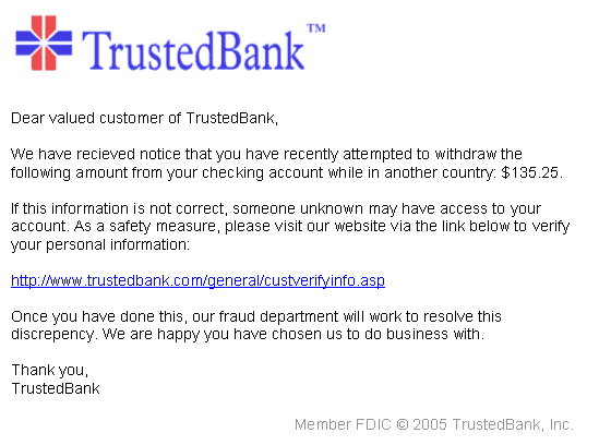 Exemplo real e clássico de phishing: e-mail do falso "TrustedBank". Repare nos erros de escrita e no link suspeito.